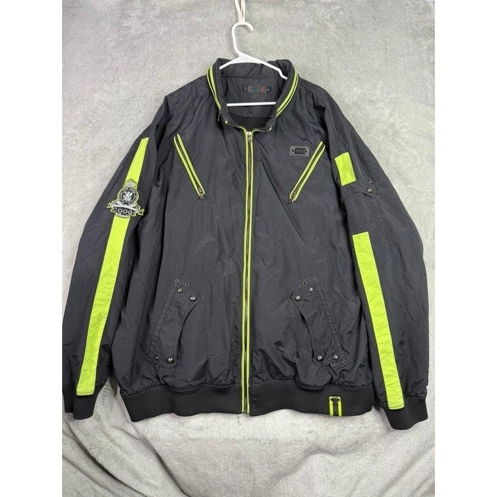 COOGI Bomber Jacket Black Neon Yellow Stripe Logo Patch Mens 6XL